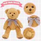 Brown teddy bear with a plaid bow, close-ups of details, and text 'Well-Made Details' on a checkered background.