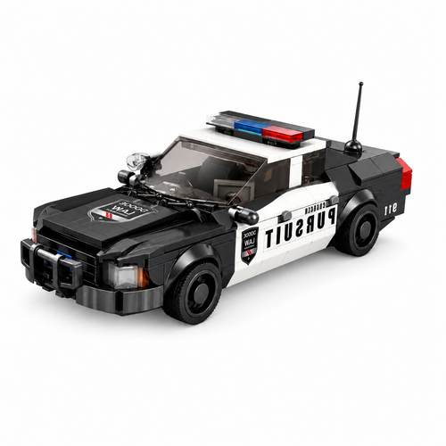 Black and white police car building block model facing left