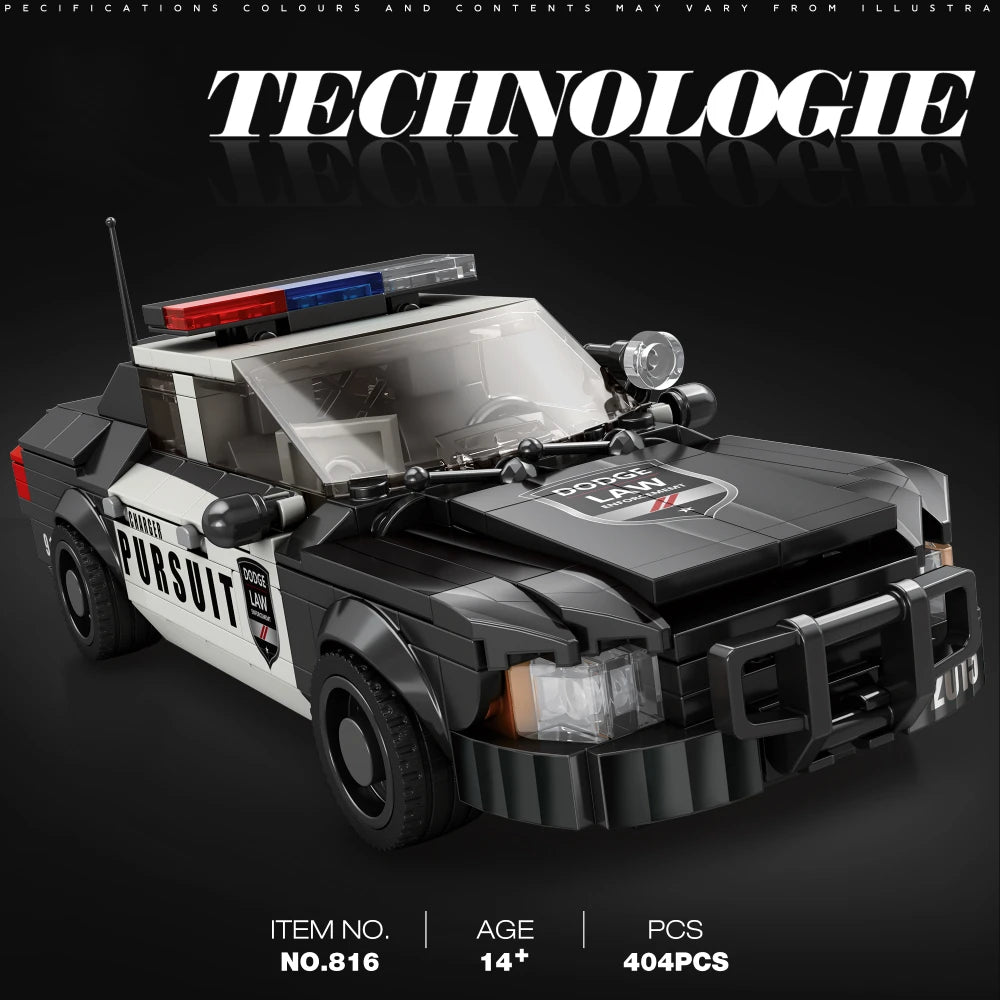 Toy police car model with 'Technologie' branding on a dark background