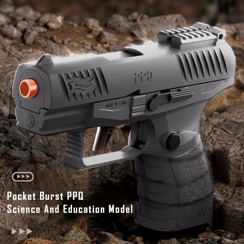 Gray toy gun labeled 'Pocket Burst PPQ' on a rocky background