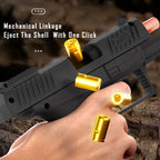 Toy gun with mechanical linkage feature being demonstrated, showing shell ejection.