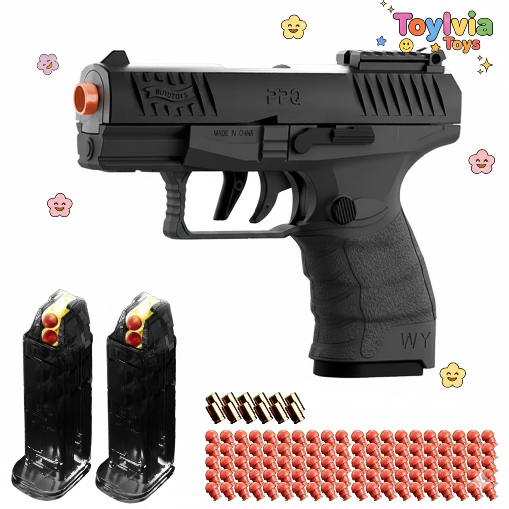Black toy gun with attachments on a white background, featuring Toyivia Toys branding. Main image