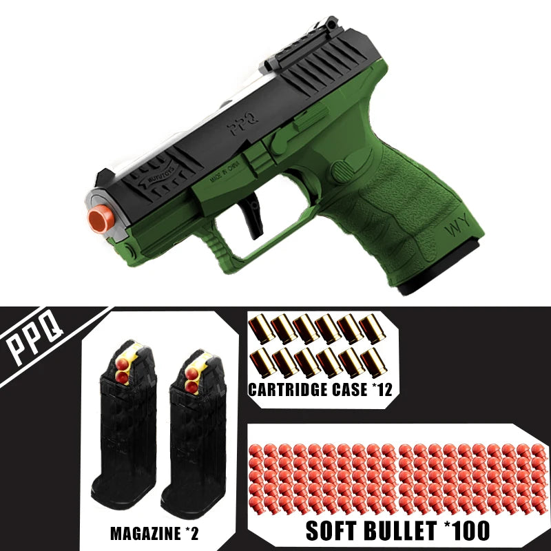 Green and black toy gun with accessories on a white background