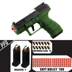 Green and black toy gun with accessories on a white background