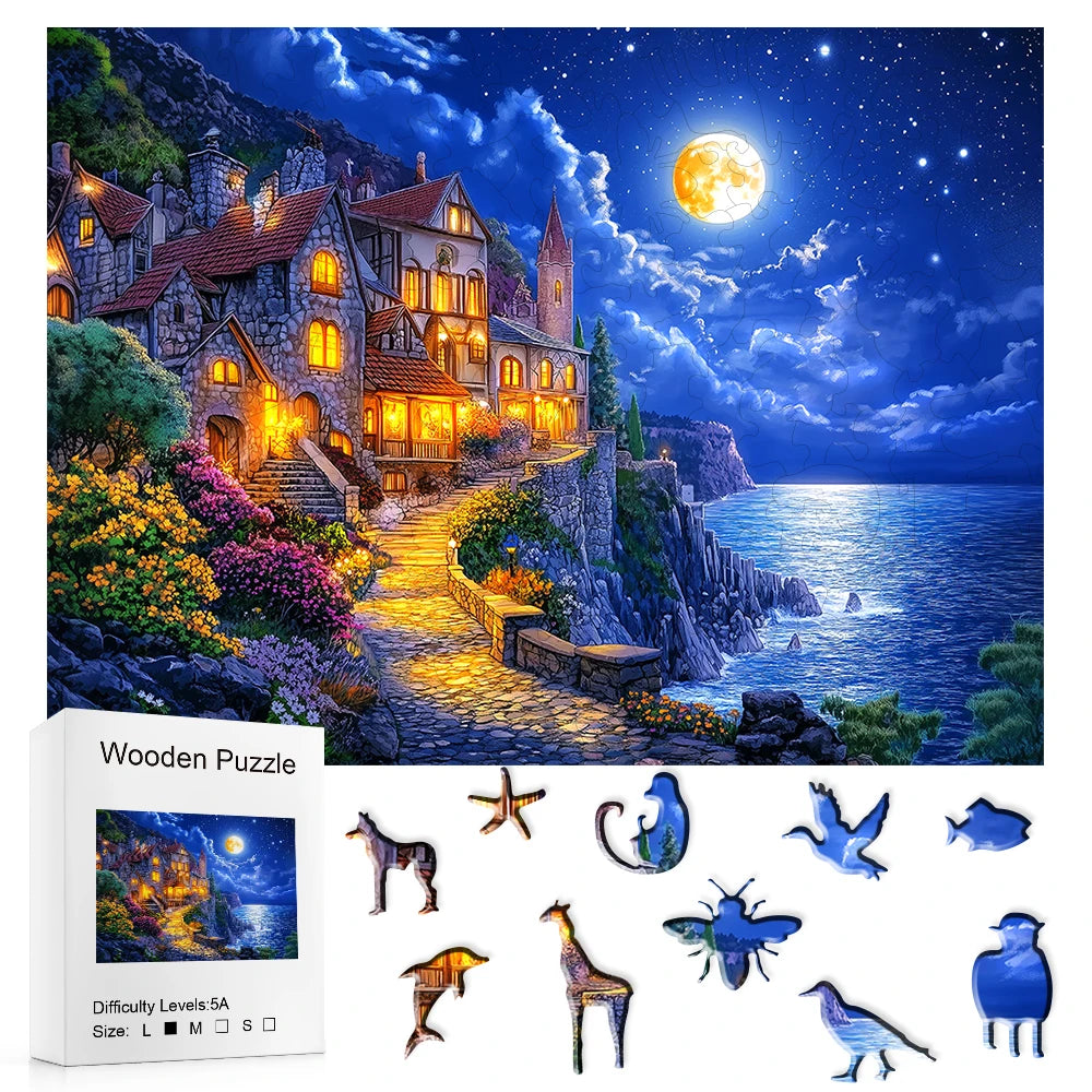 Wooden puzzle packaging with a scenic village by the sea at night