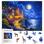 Wooden puzzle packaging with a scenic village by the sea at night