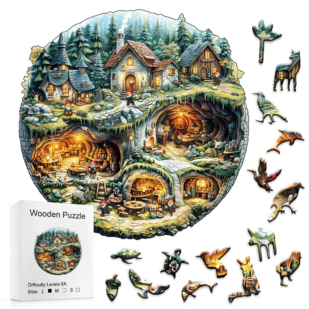 Wooden puzzle with a fantasy village scene, pieces displayed around, and packaging.