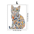 Cat-shaped wall decal with mosaic design and size dimensions on a white background