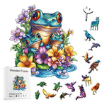 Colorful wooden puzzle with frogs and flowers, including packaging and additional pieces.