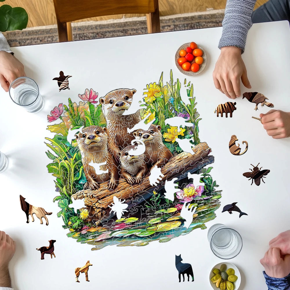 Detailed view of the precision laser-cut edges on the wooden otter family puzzle pieces.