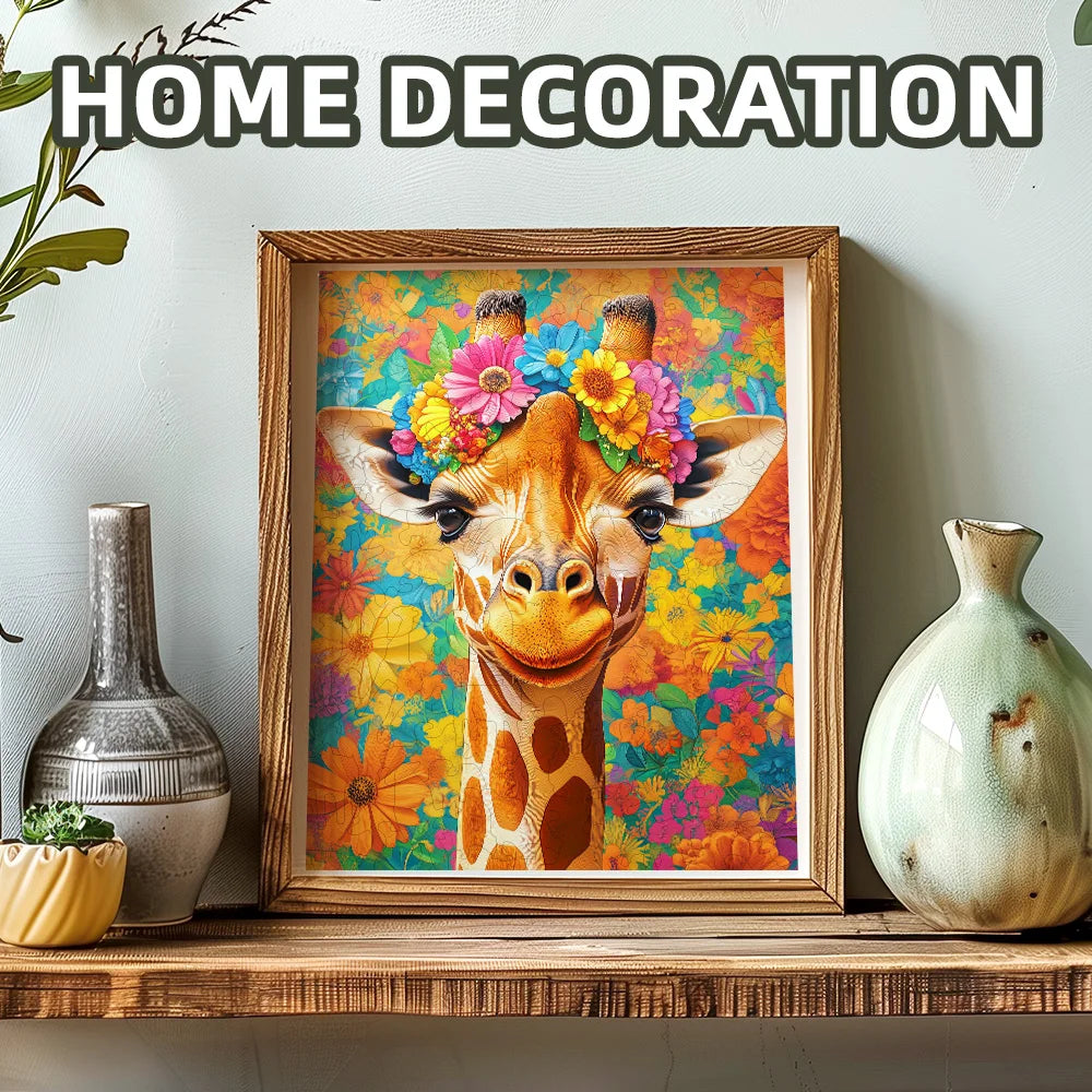 Framed artwork of a giraffe with floral headband on a shelf with decorative vases.