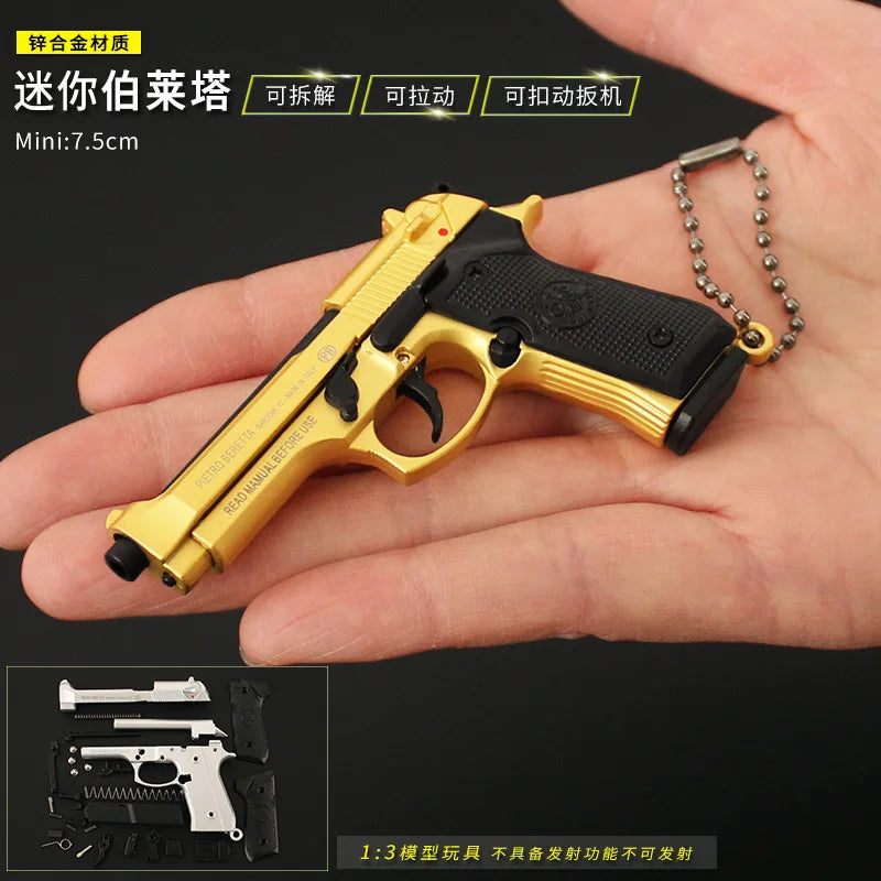 Gold and black toy gun held in a hand with text on a dark background