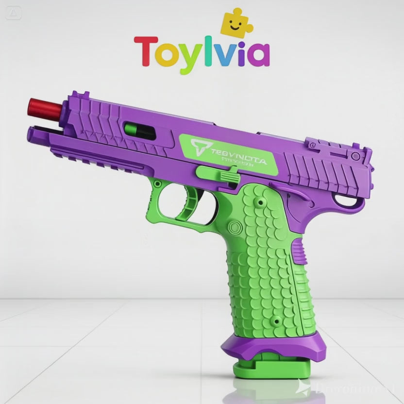 Video of a purple and green Toylvia Combat Master toy gun with a red barrel tip.