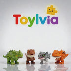 A short video showcasing Toylvia bite-action finger dinosaur toys including a Triceratops and T-Rex, demonstrating their movable joints and cute cartoon designs.