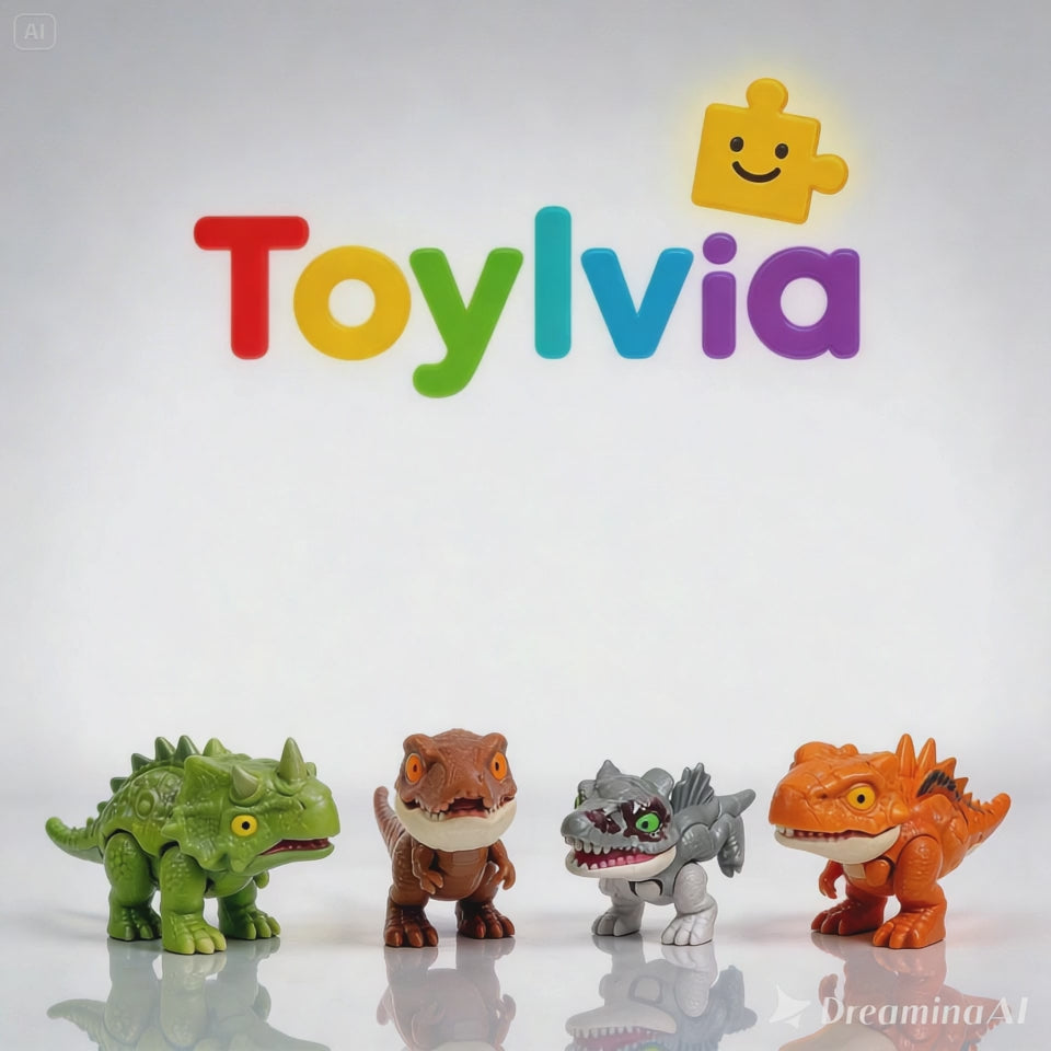 A short video showcasing Toylvia bite-action finger dinosaur toys including a Triceratops and T-Rex, demonstrating their movable joints and cute cartoon designs.