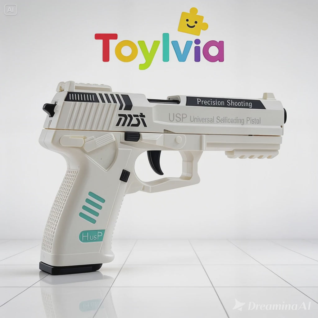 Video showcasing the side profile of a white Toylvia USP toy gun with blue accents.