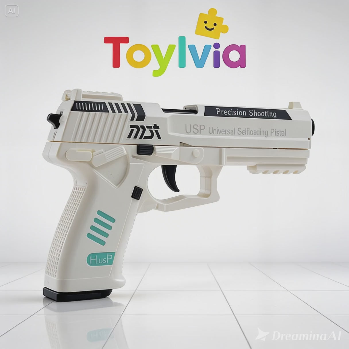 Video showcasing the side profile of a white Toylvia USP toy gun with blue accents.