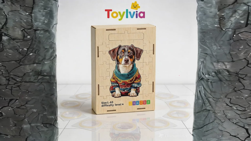 Video showcasing the premium wooden gift box and dog puzzle pieces for stress relief.