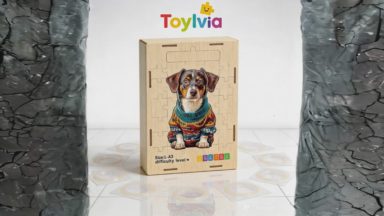 Video showcasing the premium wooden gift box and dog puzzle pieces for stress relief.
