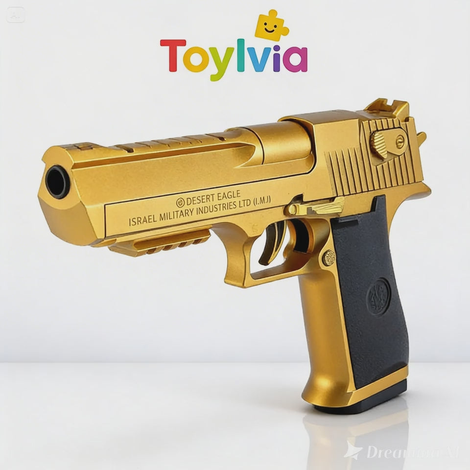 A video demonstration of the Toylvia gold Desert Eagle soft bullet toy gun, showcasing its metallic finish and design.