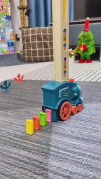 Video demonstration of the automatic electric domino train laying a long trail of colorful blocks for kids.