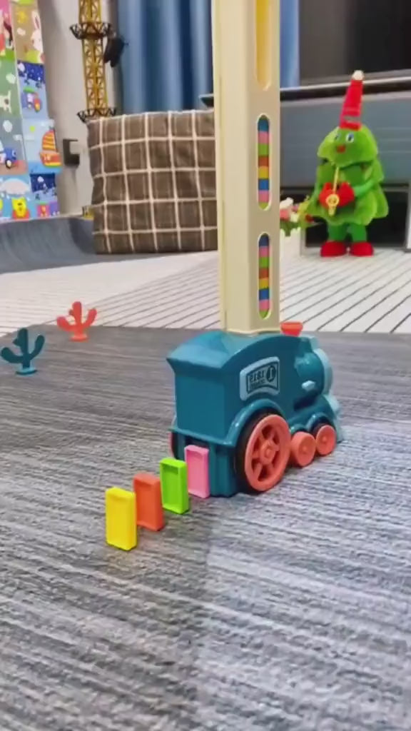 Video demonstration of the automatic electric domino train laying a long trail of colorful blocks for kids.