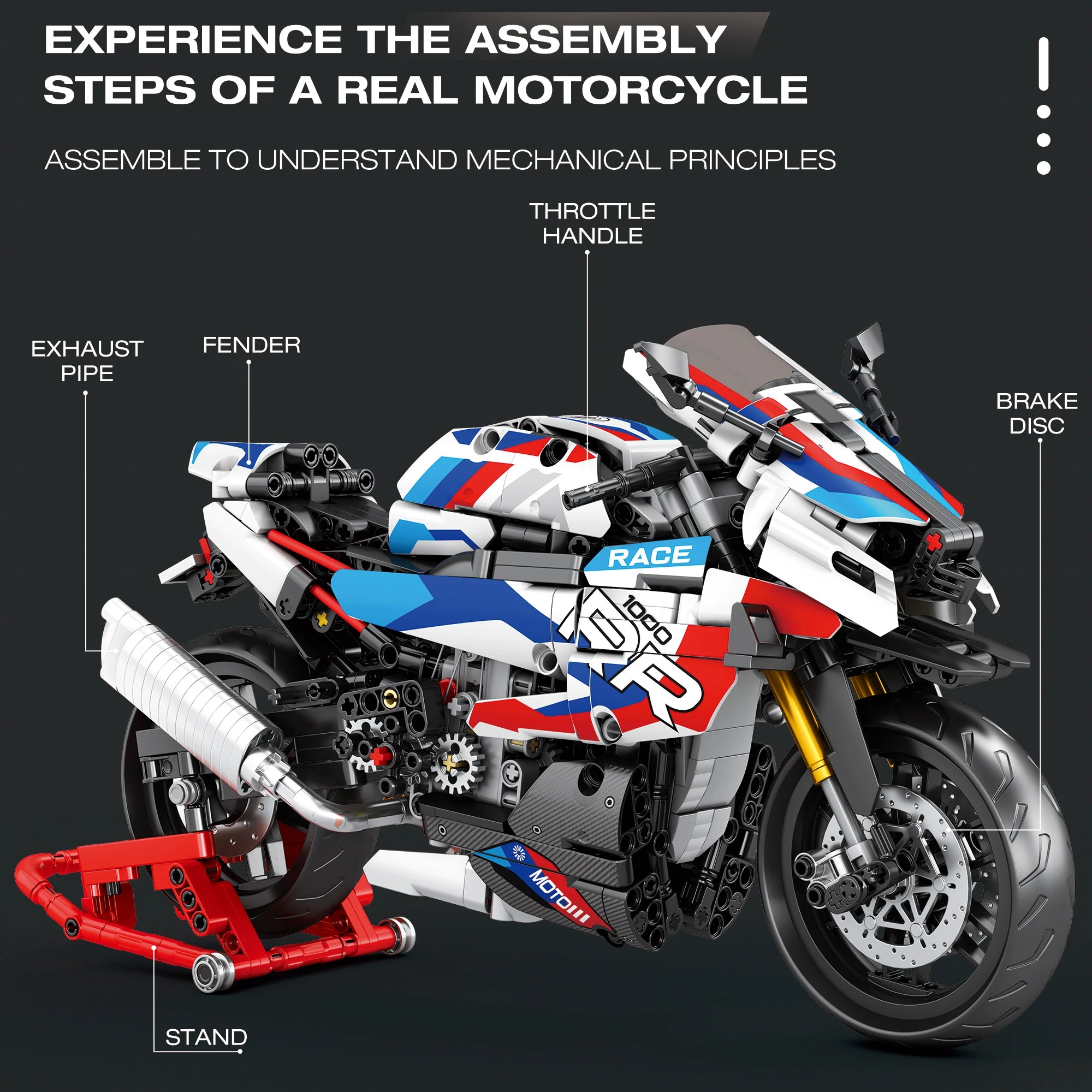 Motorcycle model with labeled parts on a black background
