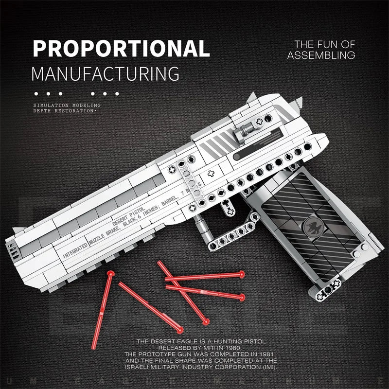 Proportional manufacturing model of a hunting pistol with red assembly parts on a dark background.