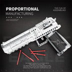 Proportional manufacturing model of a hunting pistol with red assembly parts on a dark background.