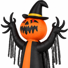 Close-up of the inflatable pumpkin ghost head, witch hat, raised arms and black cape fabric.