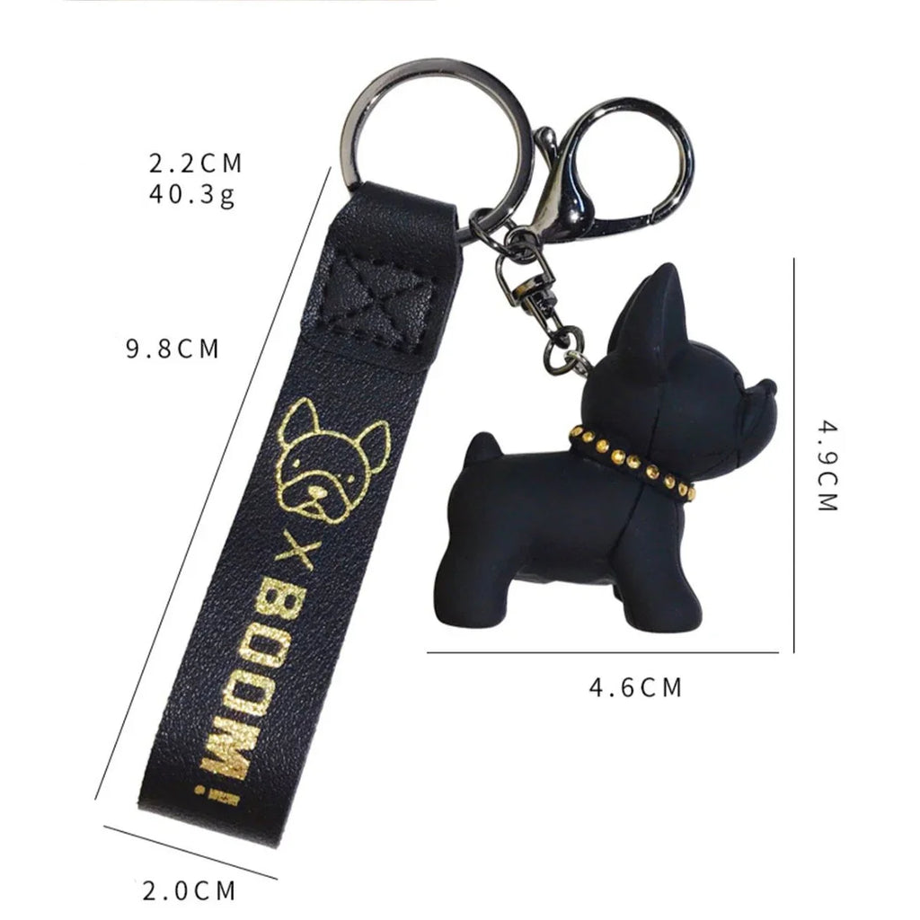 Punk French bulldog keychain size and dimensions shown with PU leather strap and metal ring