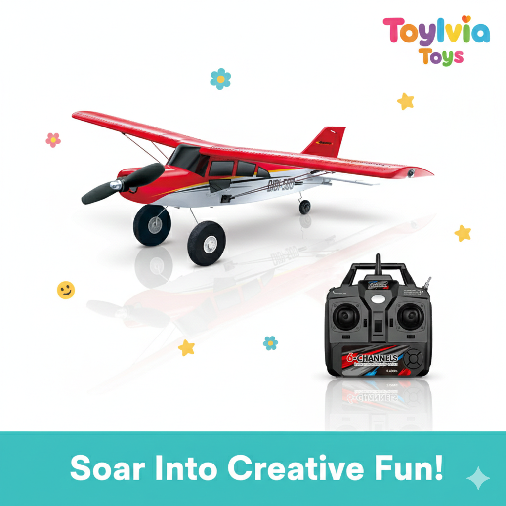 Red toy airplane with remote control on a white background, featuring ToyLivia Toys branding.