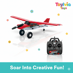 Red toy airplane with remote control on a white background, featuring ToyLivia Toys branding.