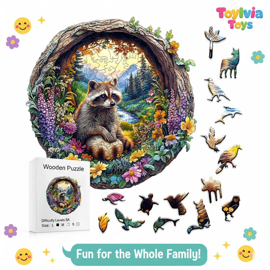 Wooden puzzle with raccoon design, surrounded by additional animal figures and packaging, featuring 'Toylivia Toys' branding.