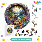 Wooden puzzle with raccoon design, surrounded by additional animal figures and packaging, featuring 'Toylivia Toys' branding.