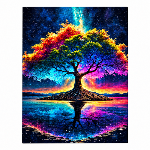 Radiant Tree of Life wooden jigsaw puzzle on a clean white background