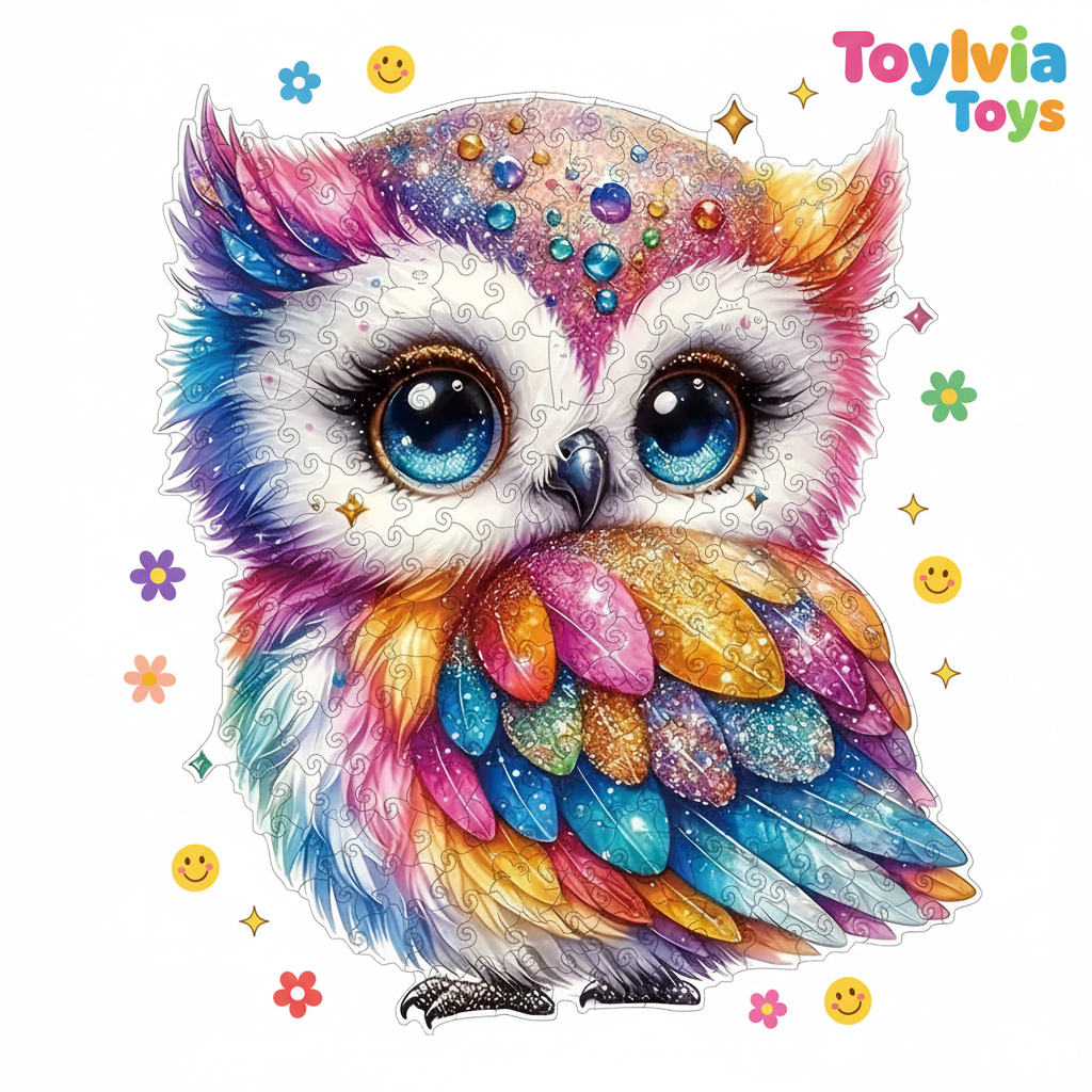 Colorful owl illustration with sparkling details on a white background, featuring the brand 'Toylivia Toys'. Main image