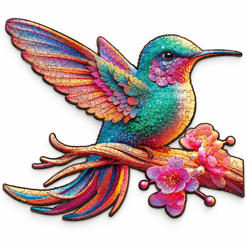 Completed rainbow hummingbird wooden jigsaw puzzle with visible interlocking pieces on a white studio background
