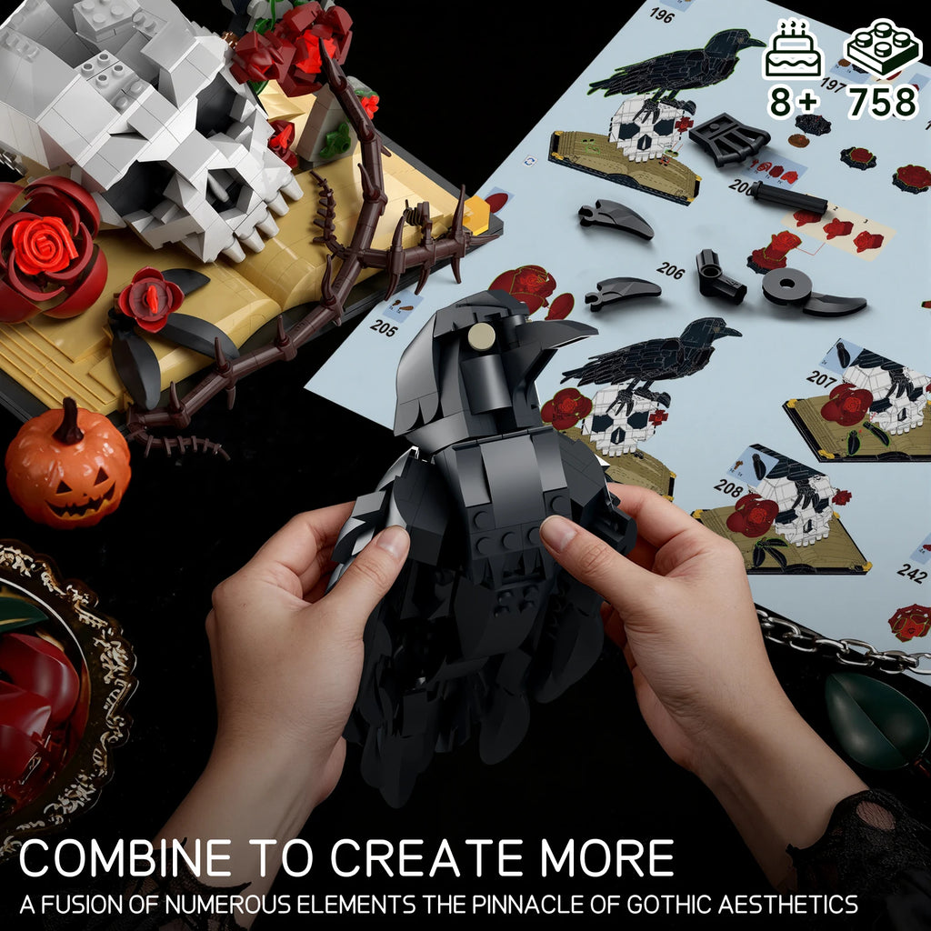 Hands holding a black bird-like figure from a Halloween-themed building block set with a design sheet in the background.