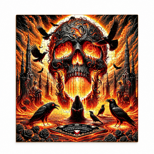 Wooden jigsaw puzzle of a flaming skull with ravens over a gothic cathedral skyline