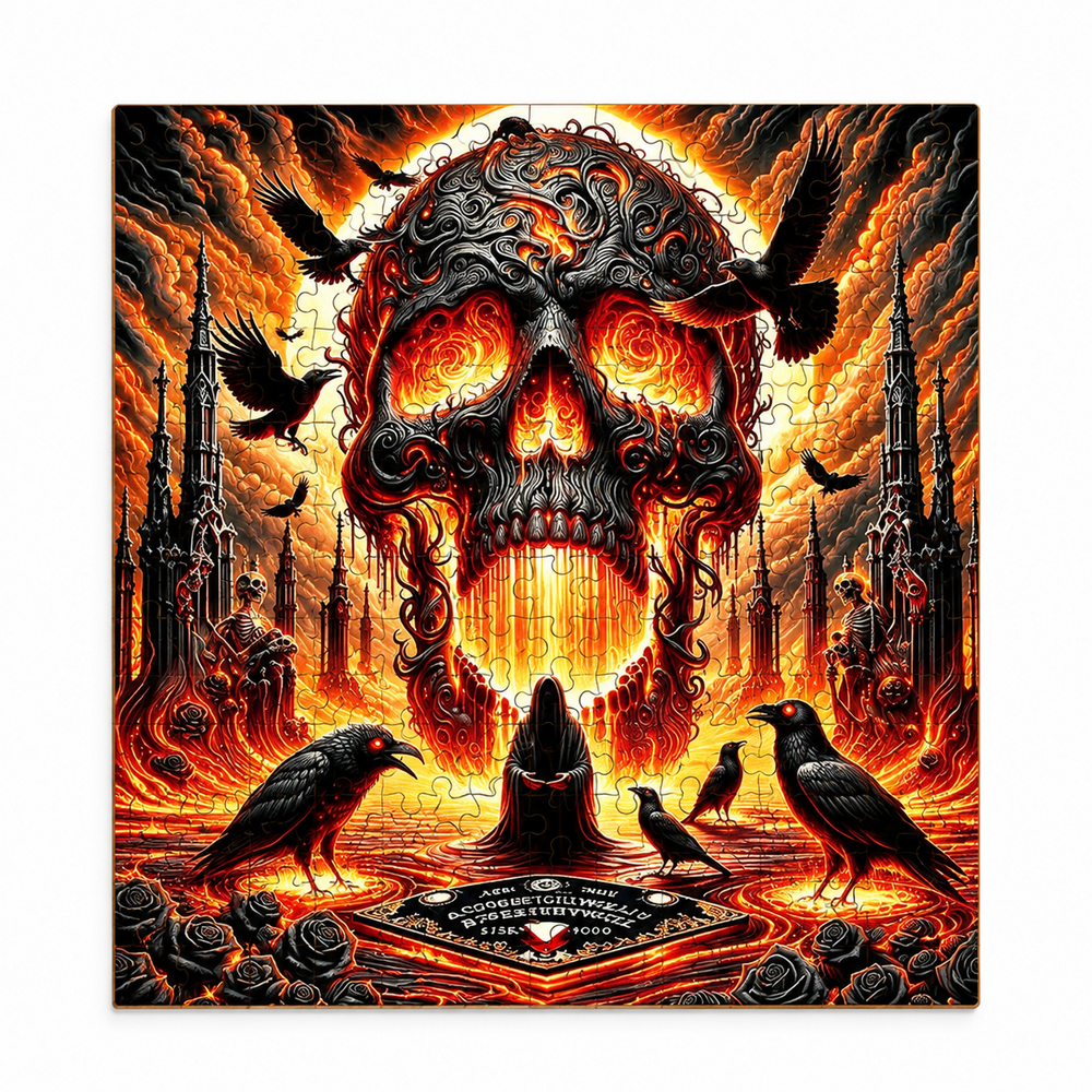 Wooden jigsaw puzzle of a flaming skull with ravens over a gothic cathedral skyline