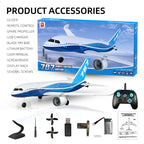 Remote control airplane set with packaging, accessories, and remote control.