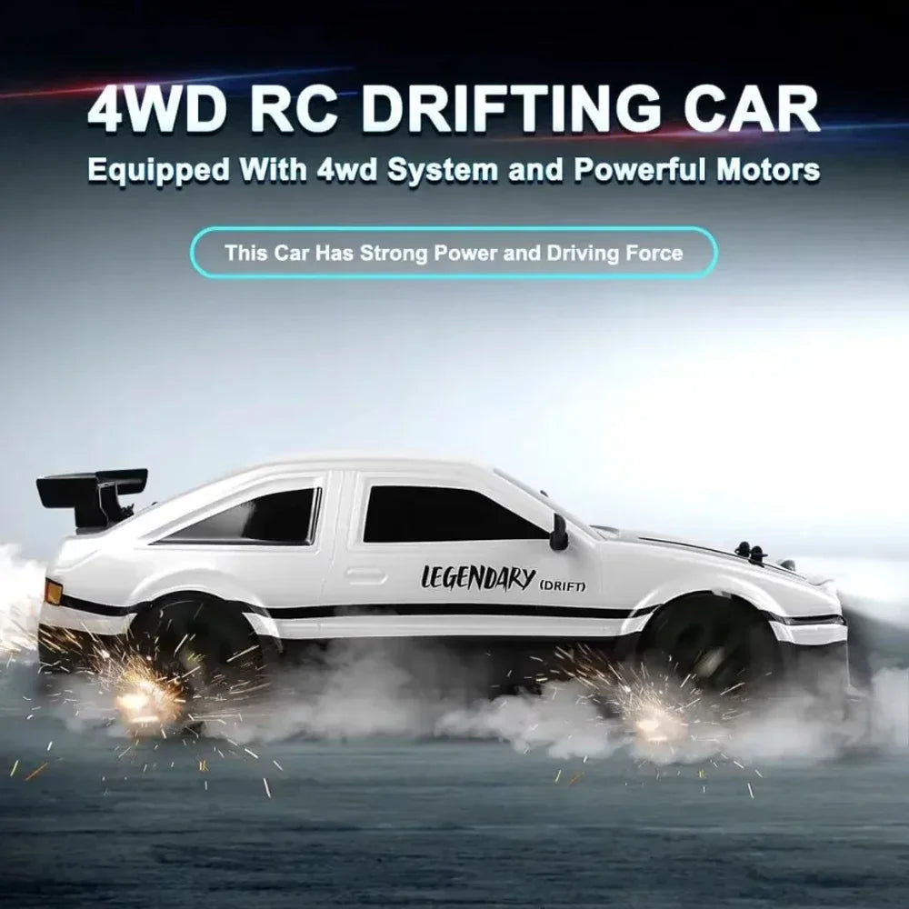 White RC drifting car with 'Legendary Drift' branding on a dark background