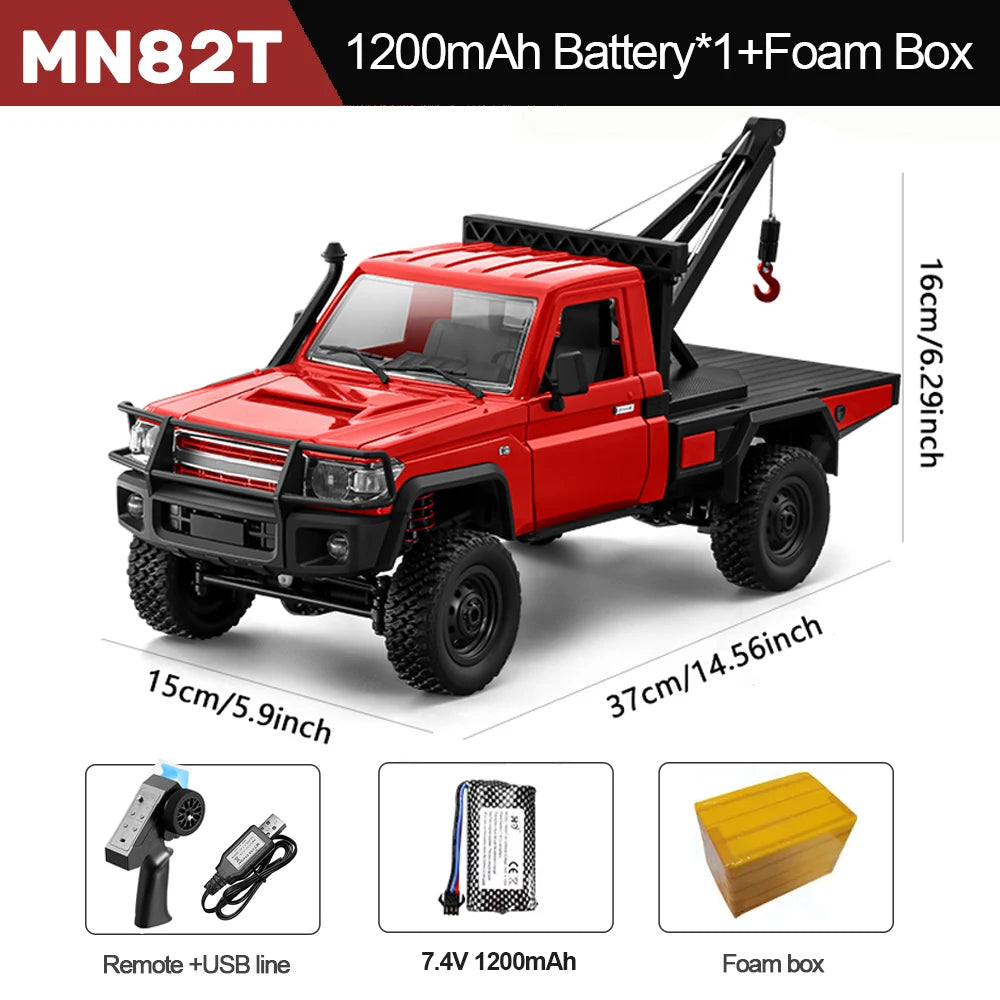 Red toy truck with crane, remote control, battery, and foam box on a white background