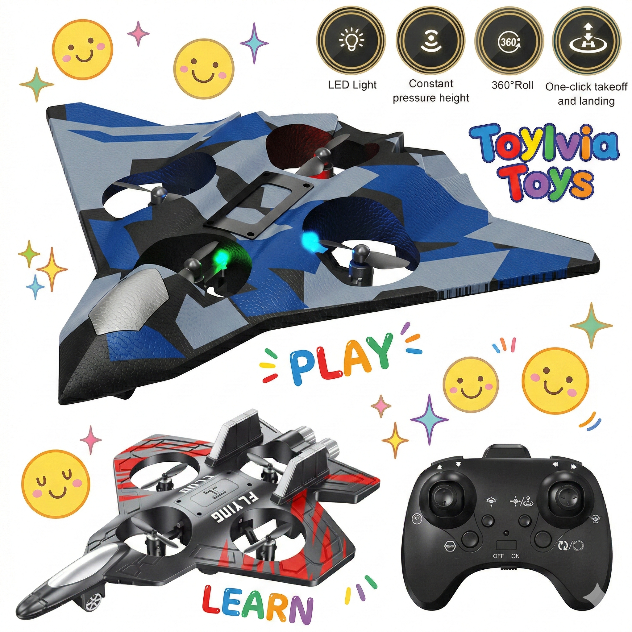 Toy spaceship with LED light, control panel, and colorful text on a white background Main image