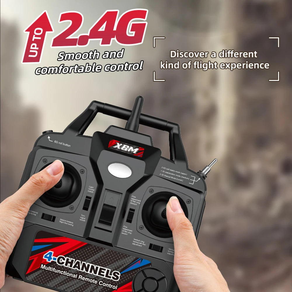 Multifunctional remote control with 2.4G technology held in hands against a blurred background