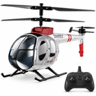 RC Helicopter Toy for Kids Altitude Hold 2 Batteries, silver and red helicopter with black controller on white studio background