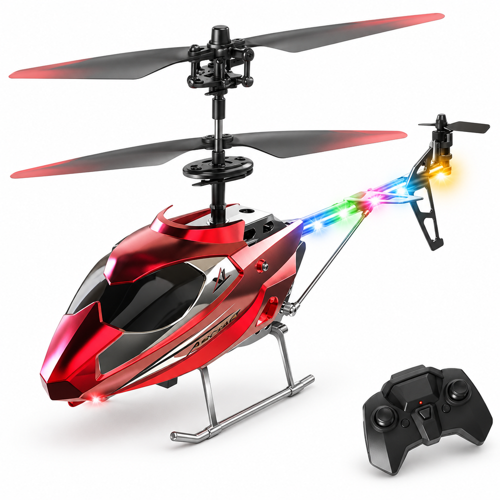 Red and silver coaxial RC helicopter with its black remote controller on a white studio background.