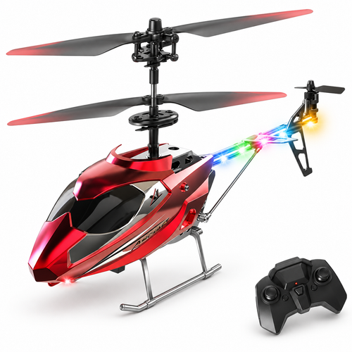 Red and silver coaxial RC helicopter with its black remote controller on a white studio background.