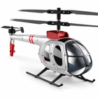 Rear three-quarter studio view of the silver and red RC helicopter showing the tail, rotor and landing skids